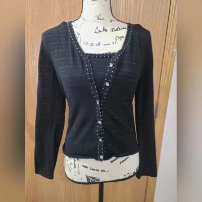 Striped Metallic Thread Beaded Crystal Button Y2k Sweater Tank Top Set LARGE - Image 1 of 4