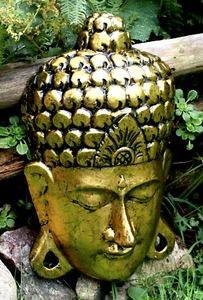 Buddha Maske goldene Wandmaske Holzmaske Buddhadeko Wanddeko Budha gold farben - Bild 1 von 8
