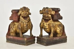 Pair Antique Chinese Red & Gilt Wood Carved Statue Sculpture Fu Foo Dog, 19th c - Picture 1 of 8