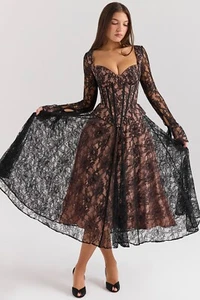 Vestido midi corsé de encaje negro House of CB 'Raquel' L+ 14/16 4493 - Imagen 1 de 11
