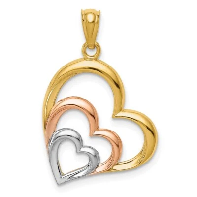 Real 14kt Two-tone and White Rhodium Polished 3 Hearts Pendant Foto 1 de 4