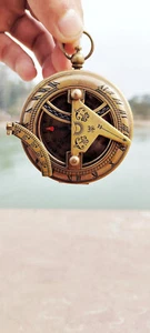3'' Vintage Brass Sundial Compass with Chain & Wooden Case For Christmas Gift - Picture 1 of 7