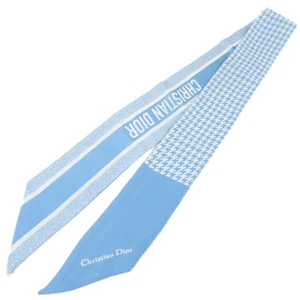 Christian Dior Mitzah Twilly Houndstooth Scarf 100% Silk Light Blue Authentic - Picture 1 of 10