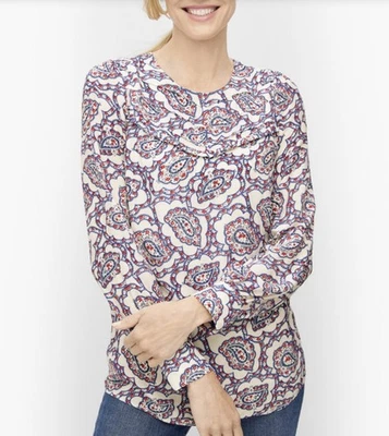 TALBOTS Petite Small Paisley Ruffle Lined Long Sleeve Blouse Shirt Top White - Image 1 of 4