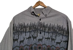 Cabelas Deerskin Soft Chamois Shirt Medium Gray Blue Aztec Deer Outdoor Button - Picture 1 of 12
