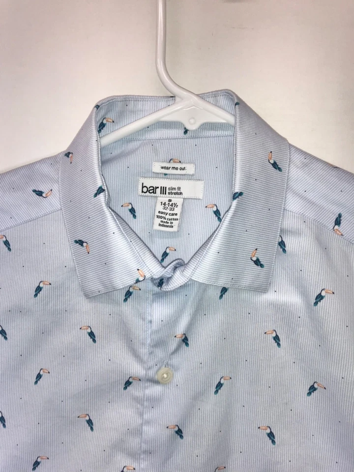 Camisa Bar III Para Hombre S 14-14.5 32-33 Pájaros Manga Larga Abotonada Elastizada Calce Ajustado Foto 1 de 4