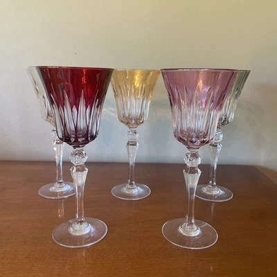 Vtg Crystal Cut to Clear Colored 8” Wine Stem Glasses Set Of 5 MCM - Image 1 of 4