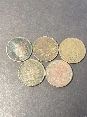 #015 Indian Head Penny Lot Of 5 Different Dates! 1897, 1898, 1899, 1901, 1903 Cover
