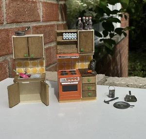Lundby Dollhouse Vintage kitchen Wood plastic Orange Rare Set W Accessories - Picture 1 of 12