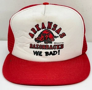 Vintage 1990’s Arkansas Razorbacks We Bad! NCAA Trucker SnapBack Hat San Sun Red - Picture 1 of 18