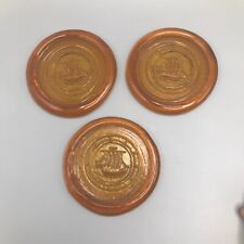 3x Amber Orange Ship Coaster Medallion Disc Pressed Glass 3.75" Unbranded