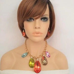 NEW Chunky Multi Rainbow Color Gold Gemstone Drop Pendant Statement Necklace Set - Picture 1 of 6