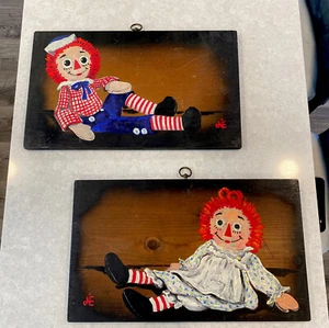 Vintage Raggedy Ann & Andy Hand Painted Wooden Board Wall Plaques - Picture 1 of 9