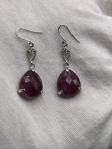 Platinum 950 Pear Shaped Ruby 4.1/5.26 CT & Dia Dangling Earrings Estate Sale - Picture 1 of 24