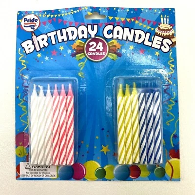 Paquete de 24 velas de cumpleaños a rayas pastel suministros de fiesta blanco azul amarillo rosa Foto 1 de 4