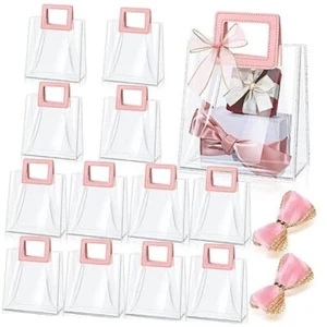 12 Pcs Clear Gift Bag with Handle and 2 Rolls Sheer Ribbon with Gold Trim Pink - Picture 1 of 7