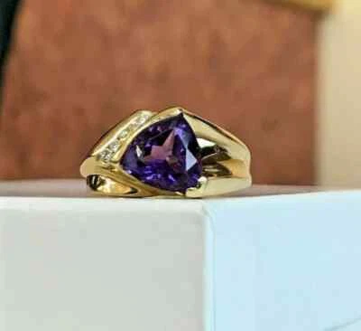 2 CT Trillion Cut Lab-Created Amethyst Engagement Rings 14K Yellow Gold Plated - Image 1 of 4