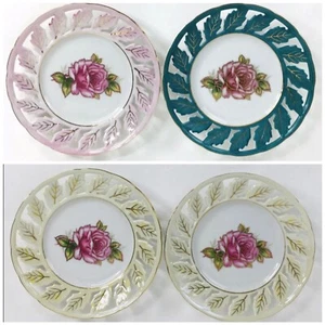 Set of 4 Royal Halsey LM 8" Rose Plates Ivory Pink & Green Leaves w/Gold Trim - Picture 1 of 12