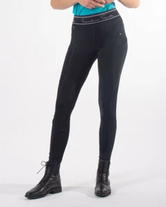 Pantalones de equitación QHP Pull-On Jodie con equipo completo, leggings de montar tope de silicona negros - Imagen 1 de 4