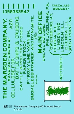 K4 O Scale Decals The Marsden Company 60 Ft Billboard Boxcar Dark Green - Image 1 of 4