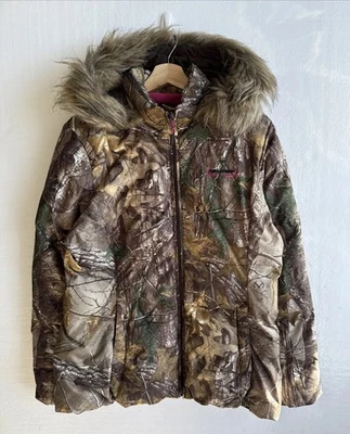Real Tree Camo Hunting Jacket Women's Large Pink Lined Fur Hooded Coat Outdoor - Image 1 of 4