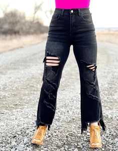 Blakeley Juniors Distressed High Rise Boot Cut Ankle Black Jeans Sz 3 27.5 - Picture 1 of 10
