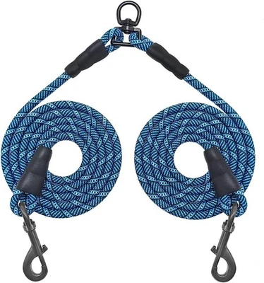 Blue 5 FT Double Dog Leash For Two Large And Medium Dogs No Tangle 360 Swivel - Image 1 of 4