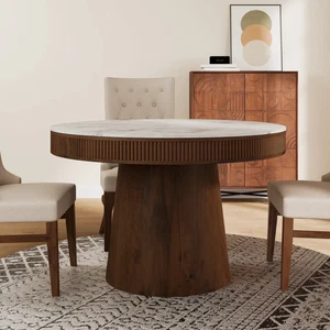 120 cm Wooden Rustic Reclaimed Marble Top Dining Table - Picture 1 of 7