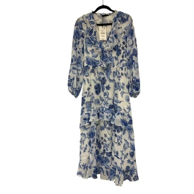 Zara Womens Midi Dress S Small White Blue Printed Elastic Waist 3099/246 NWD - Image 1 of 4