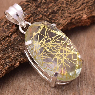 Sottile Dorato Rutilato Gemma 925 Argento Sterling Fatto a Mano Ciondolo EN-89 - Immagine 1 di 3