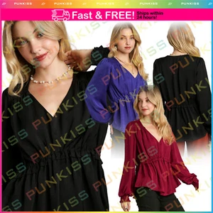 Women's Silk Satin V-Neck Long Sleeve Blouse Shirt??Ruffled Babydool Flowy Top - Picture 1 of 12