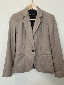 Zara braunes Tweed Sakko Blazer Mantel 1 Knopf kariert Hahnentritt Gr. 4 - Bild 1 von 9
