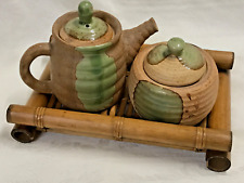 Vtg Stoneware Studio Pottery Set~Teapot,Sugar Dish & bamboo tray-organic crafted