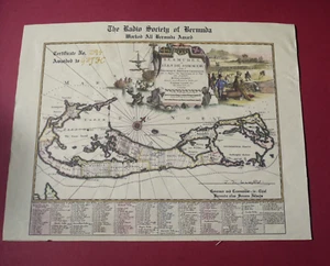 Repro Vintage Map - Radio Society of Bermuda  certificate.   signed by Governor - Picture 1 of 7