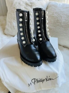3.1 Phillip Lim Women's Black Leather Lug Sole Hyatt Pearl Zip-Up Boots Sz 36.5 - Picture 1 of 13
