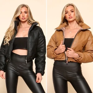 Women Leather Puffer Jacket Black/Camel - Picture 1 of 11