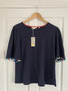 Boden Navy Cotton Jersey Top with Pom Trim T Shirt Size 12 New With Tags - Picture 1 of 6