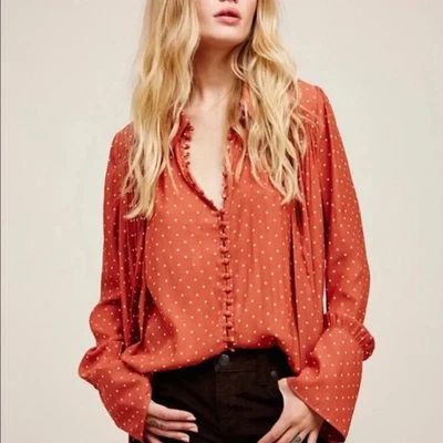 Blusa Kennedy Pequeña Free People Boho Abotonada Manga Campana Lunares Talla S Foto 1 de 4