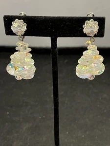 Vintage VENDOME Aurora Borealis Clear AB Crystal Dangle Drop Clip On Earrings - Picture 1 of 8