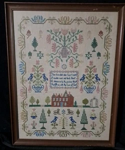 VINTAGE ANTIQUE 68&69 EXQUISITE COMPLETED EMBROIDERED SAMPLER SIGNED POEM "... - Picture 1 of 13
