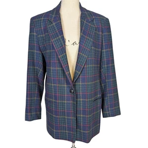 90s Heritage Plaid Wool Vintage Single Breasted Blazer Green Blue Red Medium - Picture 1 of 15