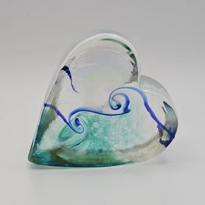 Signed Robert Held Art Glass Iridescent Blue Swirl Heart Paperweight - Picture 1 of 11