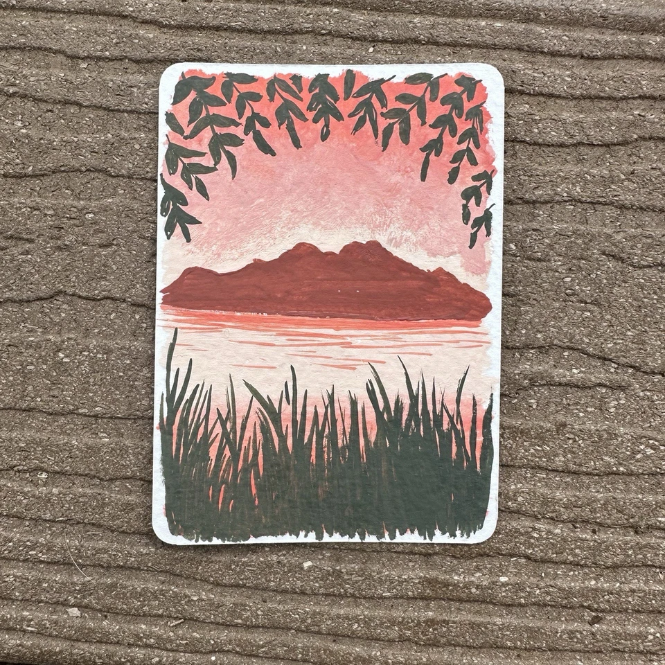 Tarjeta de arte de pintura gouache paisaje de montaña original Aceo Foto 1 de 1