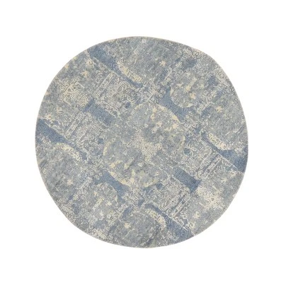 4'x4' Blue Wool and Pure Silk Jewelry Design Hand Knotted Round Rug G78461 - Image 1 of 4
