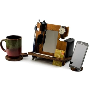 Wood Phone Docking Station for Men - Wooden Watch Wallet Stand - Gifts for Hu... - Picture 1 of 7