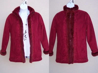 LL Bean faux suede & faux fur winter car coat size L wine vegan WASHABLE jacket - Image 1 of 4