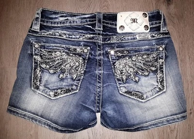 Miss Me Jean Shorts Size 24 Angel Wings Sequin Rhinestone Bling Distressed Denim - Image 1 of 4