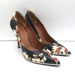 Givenchy Butterfly Floral Print Pumps Black Leather Size 38 Pointed Toe Heels - Picture 1 of 10
