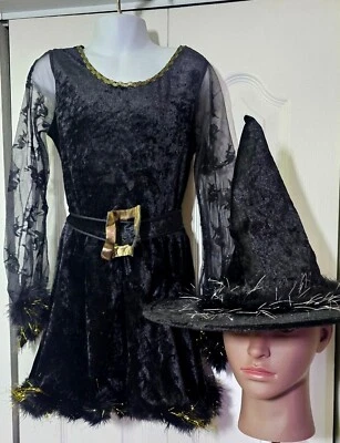 Niñas Bruja Disfraz Terciopelo Vestido Sombrero Imitación Piel Halloween California Disfraces Pequeño Foto 1 de 4