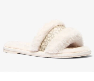 Michael Kors (Size 8 ) alexis faux Fur And Metallic Signature Logo Slide Sandals - Image 1 of 4